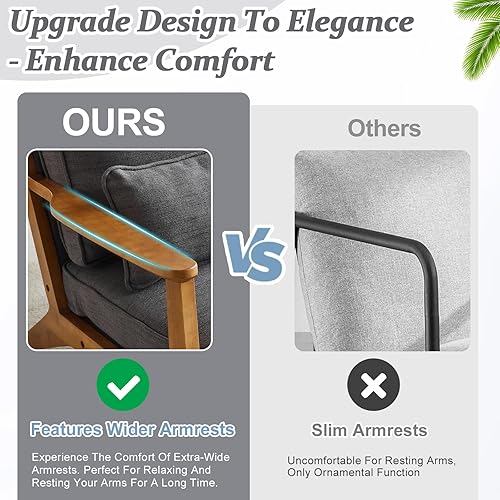 Miniatura 3 de VINGLI Juego de 2 sillas decorativas de madera maciza con reposabrazos anchos, sillas modernas tapizadas de mediados de siglo con almohada, silla de