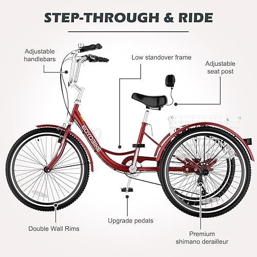 Vista 38 de H&ZT Triciclo para adultos, bicicleta de 3 ruedas, triciclo crucero, con engranaje de 7 velocidades, mango de freno de estacionamiento, escalón