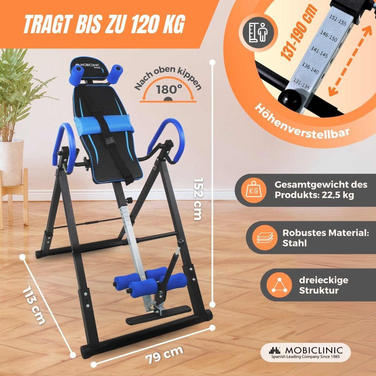 Mobiclinic® fitness, Inversionstisch, Klappbar, Neigung 180°, Bis 120 kg, Verstellbar, Lendenkissen und kopfstütze, Vier sicherheitssysteme, Stretching crunches, Stahl