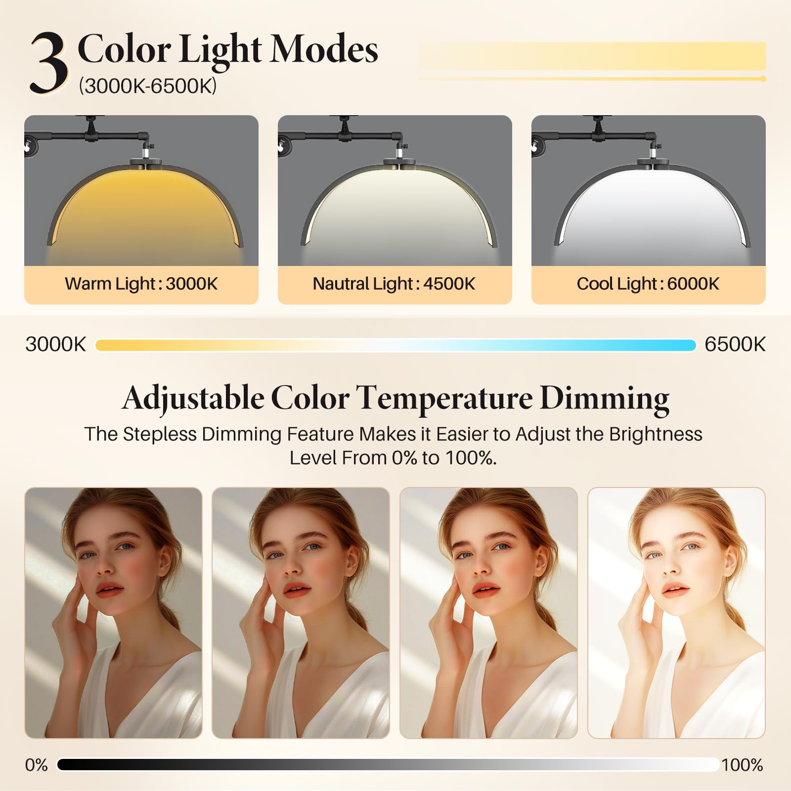 Lampara Extensiones de Pestañas: 21" Plegable Lampara LED de Pie Para Pestañas con 3 Colores Regulables & Rotación de 360° para Salón, Hogar, Negro