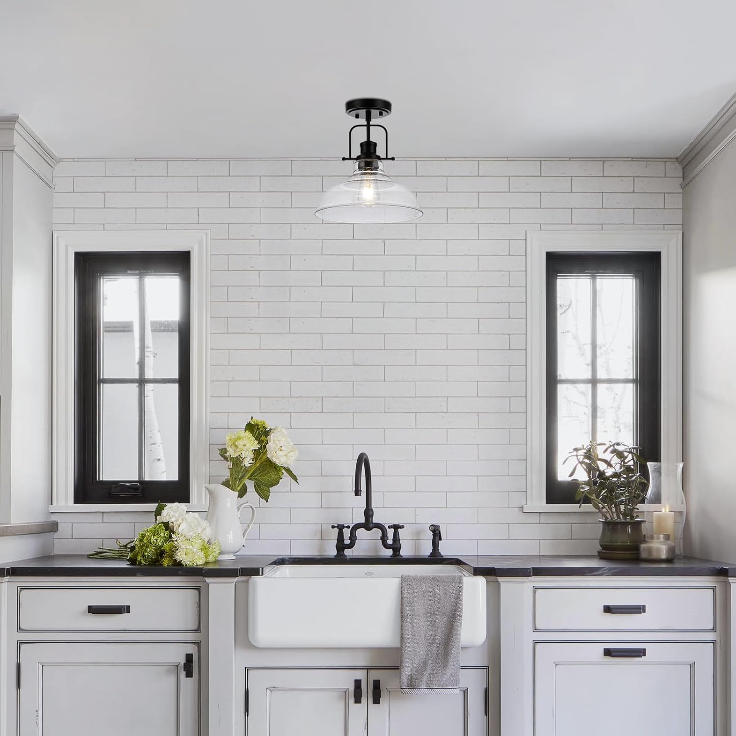 WILON Rustic Farmhouse Ceiling Light, Kitchen Lighting Fixtures Ceiling Lamp, Seeded Glass Ceiling Light, Semi Flush Mount Ceiling Lights for Sink Foyer Entryway Bathroom Laundry Room Hall Hallway