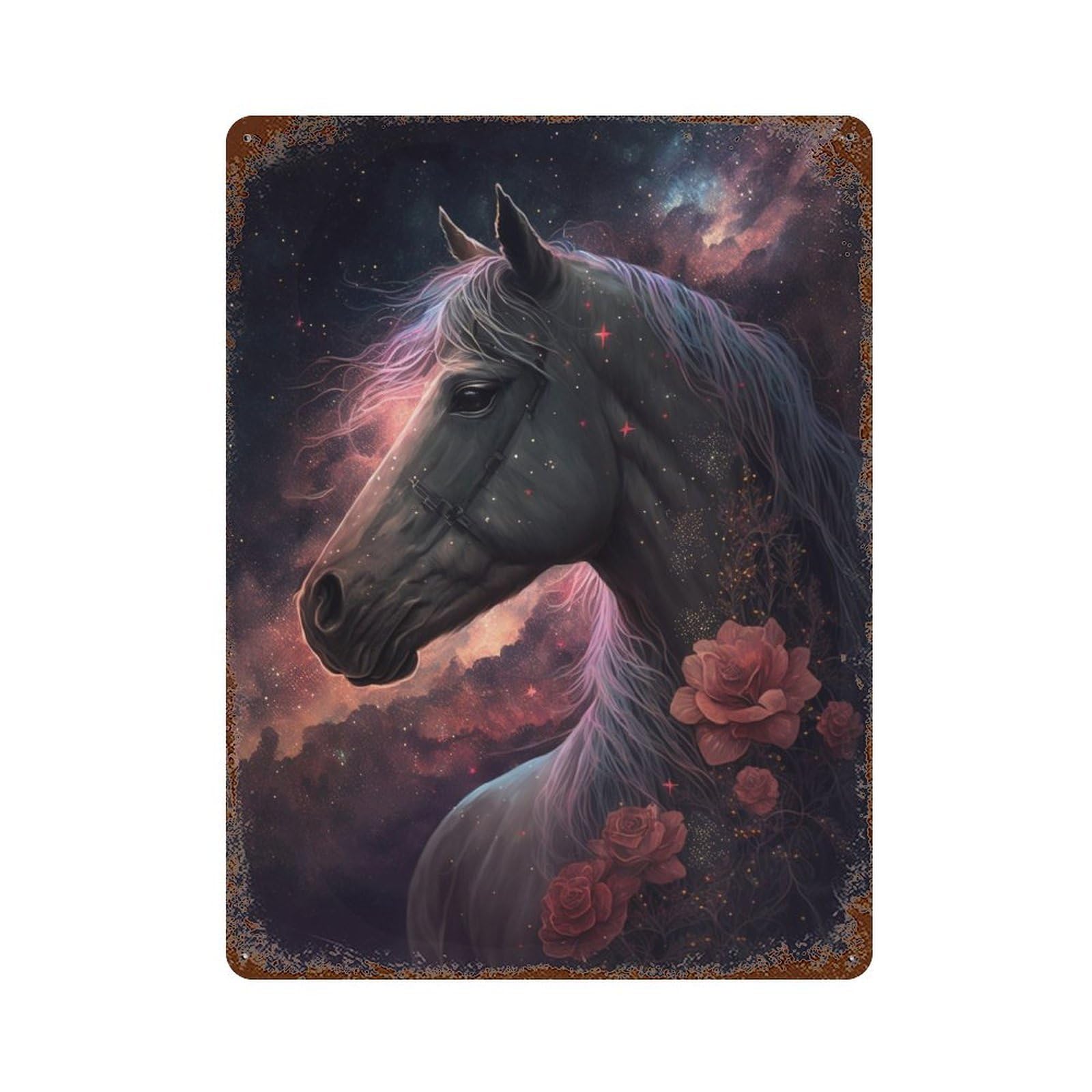 Galactic Horse with Roses -1 Rust Effect Tin Sign 15.7"x11.8", Farmhouse Wall Decor for Living Room, Hallway And Home Decor