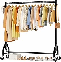 Clothes Clothing Rack, Rolling Heavy Duty Clothes Rack Load 420 LBS With Wheels, Metal Clothes Rack for Hanging Clothes, Portable Standing Clothes Garment Rack, Black,48 inches