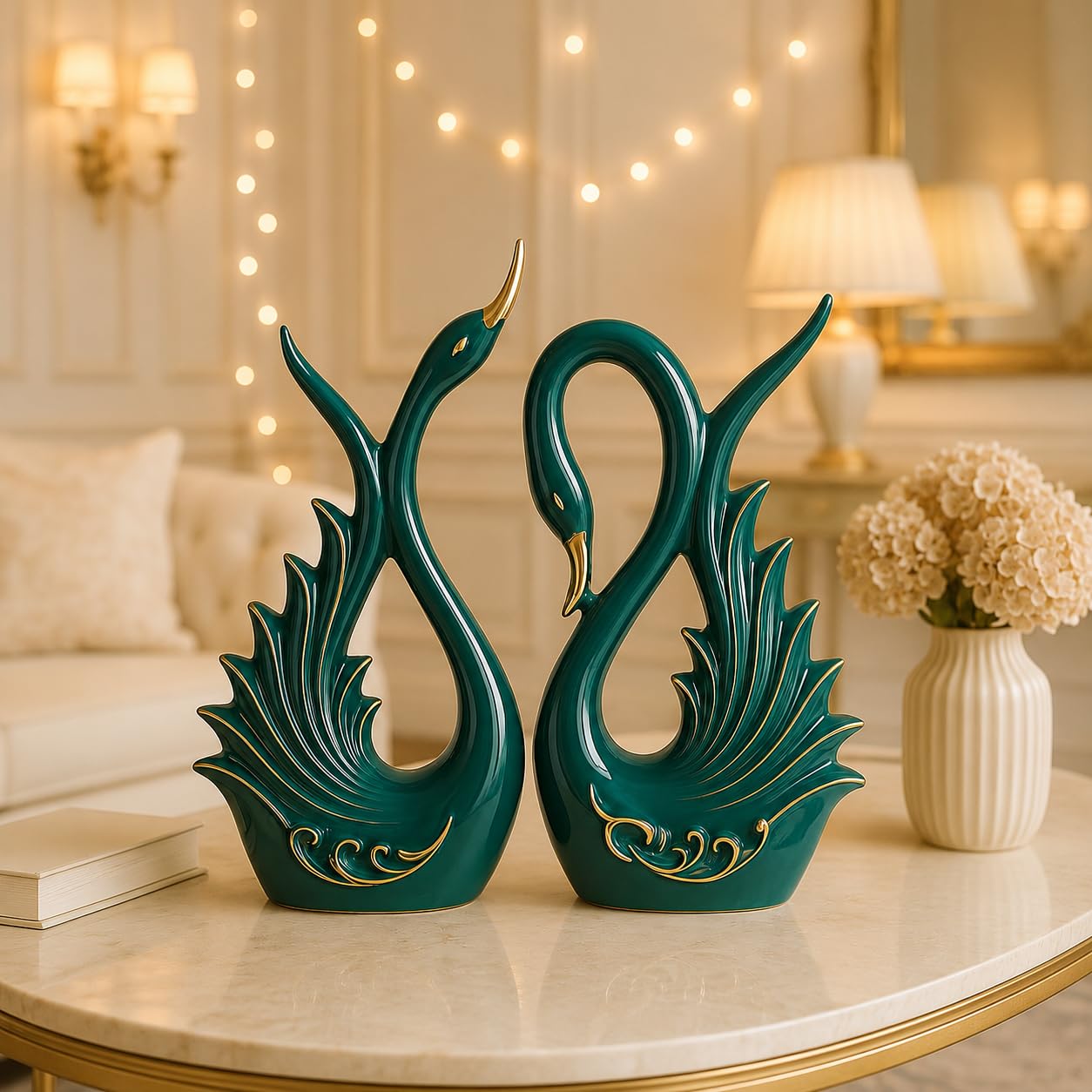 Xtore Modern Elite Swan Pair Ceramic Art Figurine | Beautiful Home Decor- 2 Piece, Dark Green, Medium