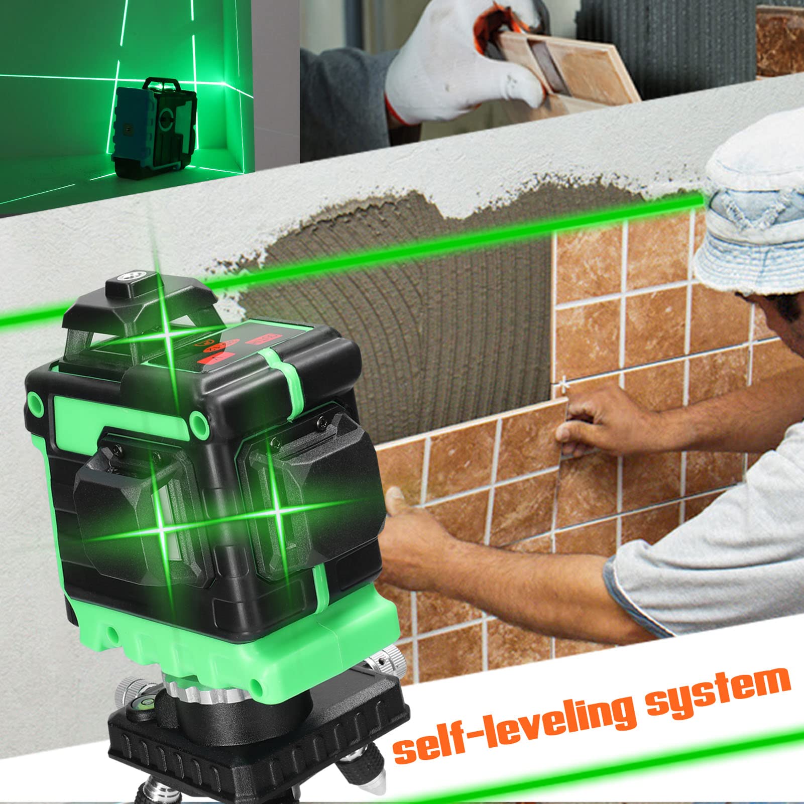 Nivel Láser Autonivelante 360 Grados 25m 3D 12 Lineas Líneas Láser Cruzada+2 * 1200mAh Batería de Litio Recargable+Base Giratoria+Soporte de Pared+Bolsa de Transporte para Diseño de Baldosas