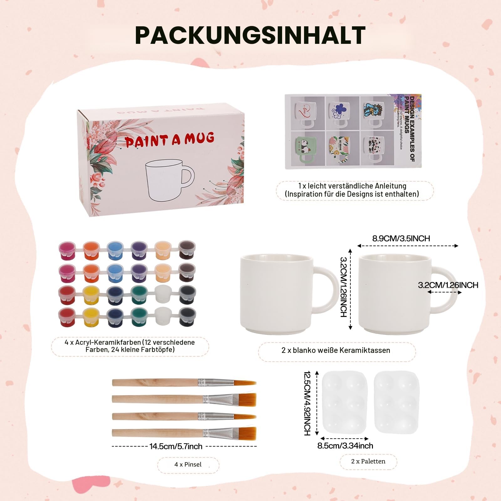 EILYGK Tassen Bemalen Set, Keramik Bemalen Set, Tassen Zum Bemalen,Inklusive 2 leere Keramikbescher, 24 lebendige Keramikfarben, 4 Pinsel, 2 Paletten, eine Anleitung