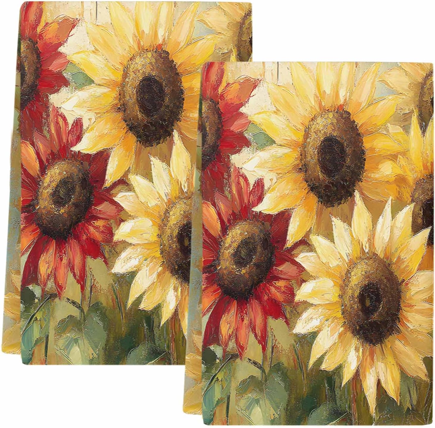 Summer Sunflowers Kitchen Towels Set of 2, Absorbent Dish Towels for Kitchen, Red Yellow Floral Leaf Wood Grain Microfiber Hand Towel, Quick Drying Tea Towel for Cleaning Decorative Dishcloths