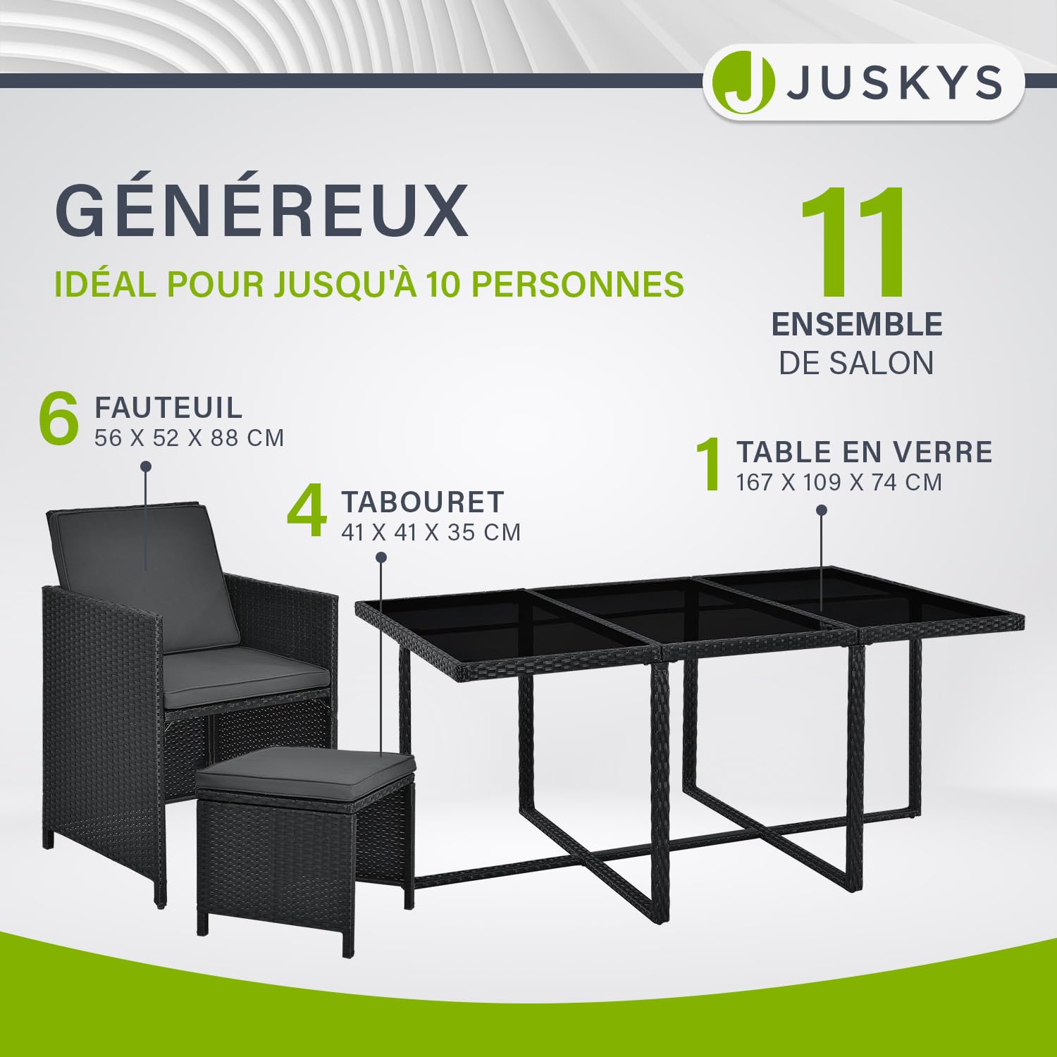Juskys Groupe de sièges en polyrotin Baracoa XL 11 pièces résistant aux intempéries et empilable - Ensemble de mobilier de Jardin avec 6 chaises, 4 tabourets et Table - Noir, 10 Personnes