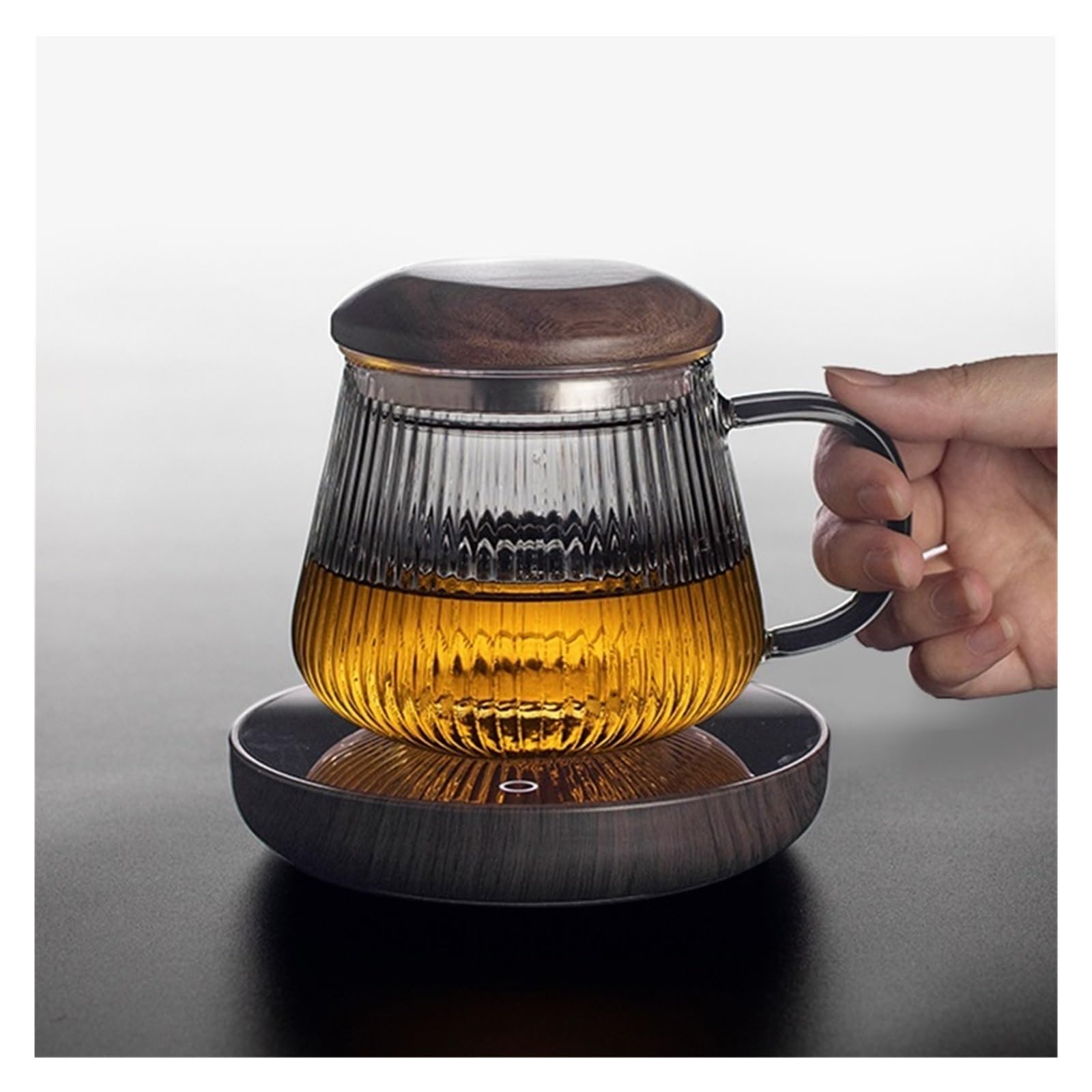 Copa de cristal Taza de té de vidrio rayado vertical con infusor y tapa(L)