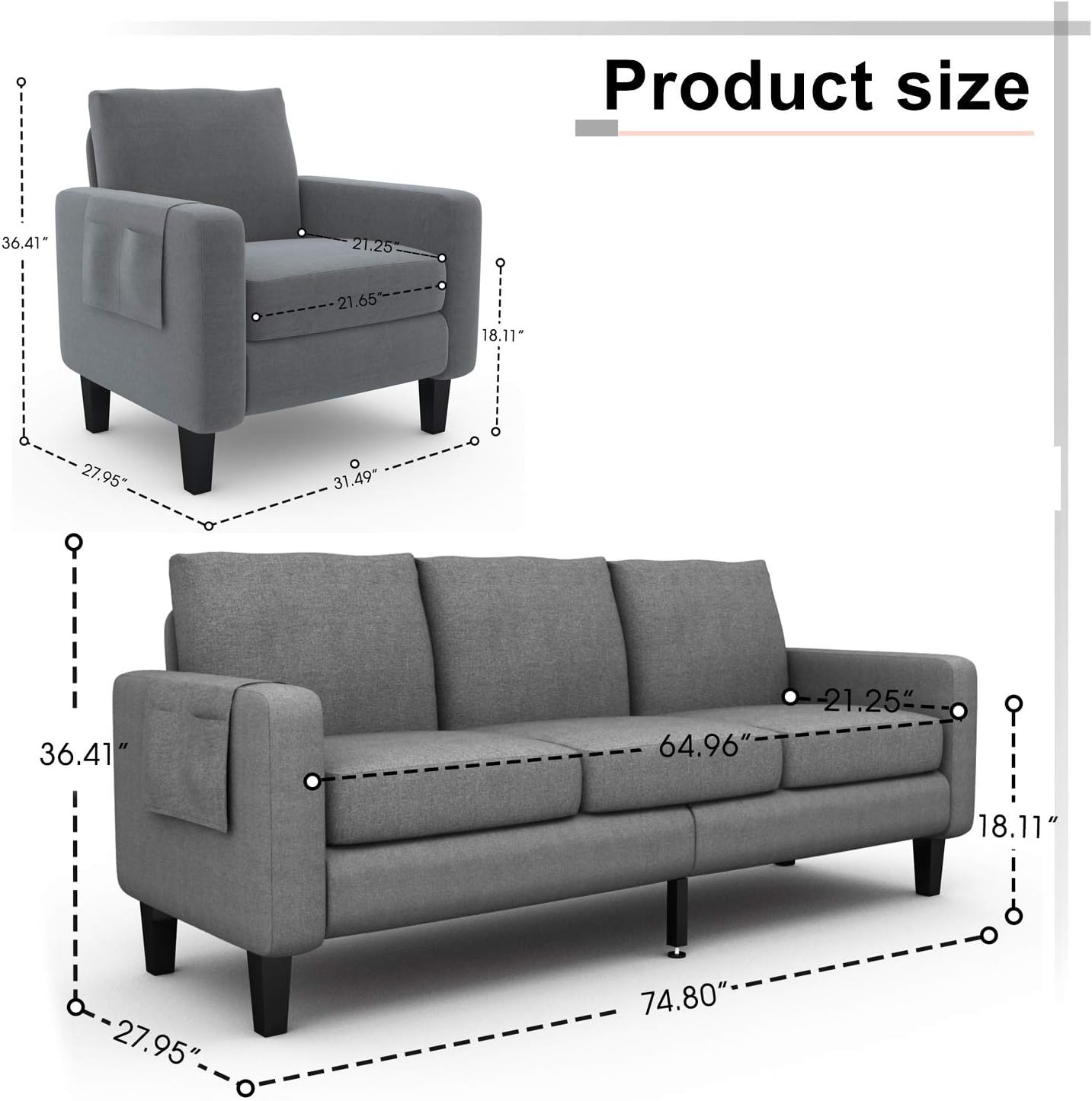 Buy Mecor 2 Piece Living Room Sofa Set Modern Linen Fabric Couch Furniture Upholstered 3 Seat Sofa Couch And Single Sofa Chair For Living Room