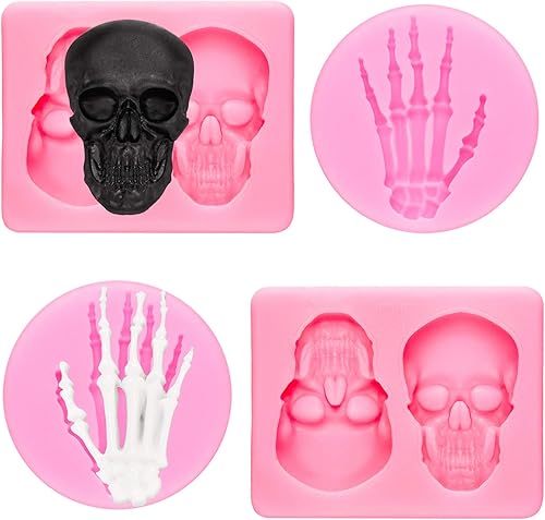 Patelai 4 moldes de silicona 3D de calavera de Halloween, moldes de manos de esqueleto, moldes para fondant, molde de calabaza, hoja de arce,