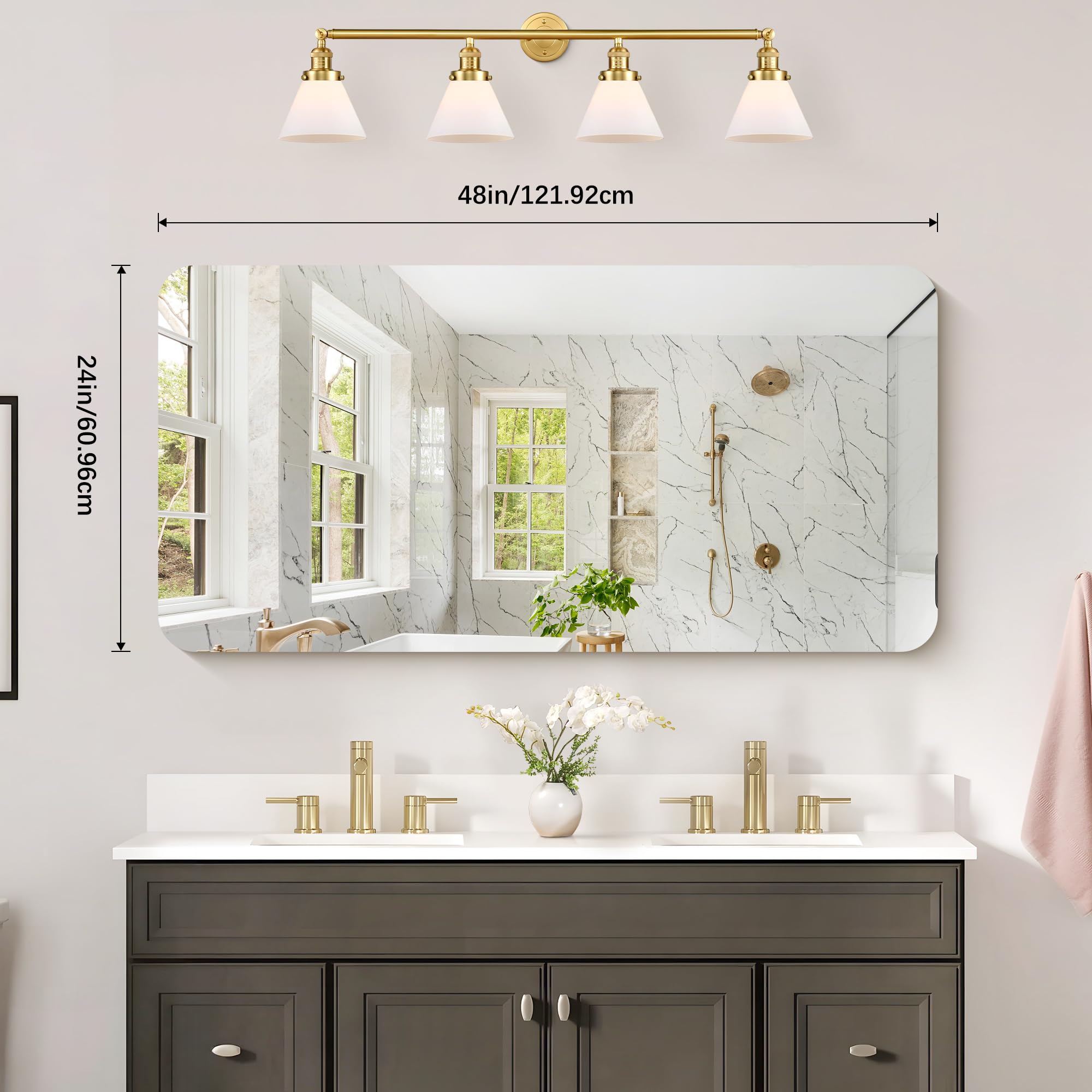 KOCUUY Rechteckiger rahmenloser Badezimmerspiegel, 120 x 60 cm Wandspiegel, Spiegel mit Shatterproof Glas, HD Reflexion, Abgerundeten Ecken, geeignet für Badezimmer, Schlafzimmer oder Ankleidezimmer