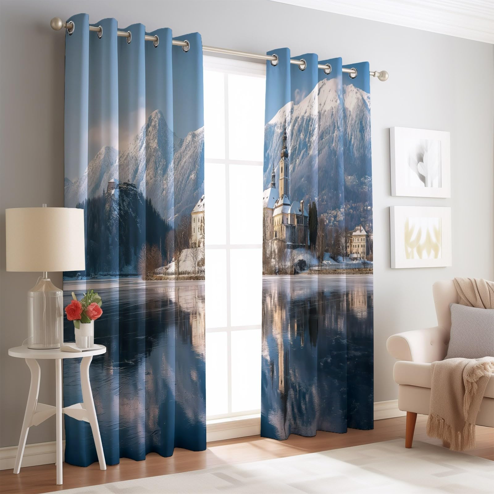 Generisch Gardinen Vorhänge Blickdicht Blau - Hochwertiger Kunst Skifahren Schlösser Print H245 x B70 cm (2er Pack) Schalvorhänge mit Stangentasche für gehobenes Wohnambiente