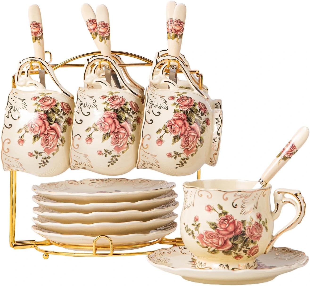 YOLIFE 8 OZ Pink Rose Tea Cups and Saucers Set of 6, Ivory Vintage Floral Porcelain Teacups Set, Coffee Cups with Golden Rack