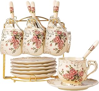YOLIFE 8 OZ Pink Rose Tea Cups and Saucers Set of 6, Ivory Vintage Flora...