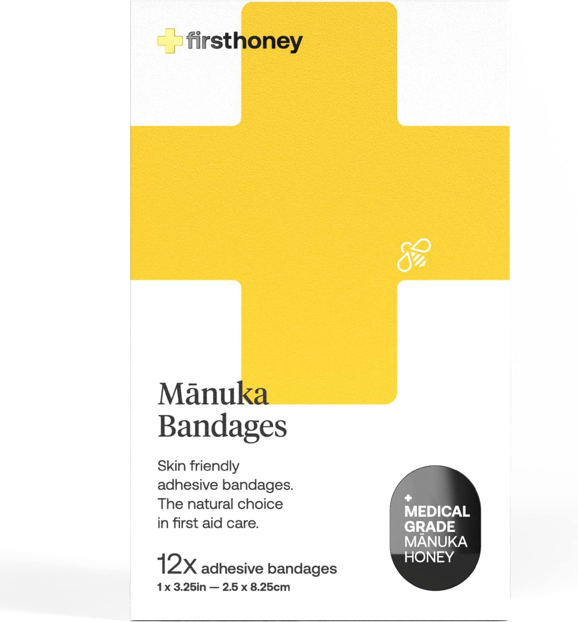 Manuka Honey Adhesive Bandages 12 Pack | Latex Free, Antibiotic Free Wound Dressing | Medical Grade Honey Adhesive Pads | First Aid Care Burns, Cuts, Scrapes, Wounds, Lacerations