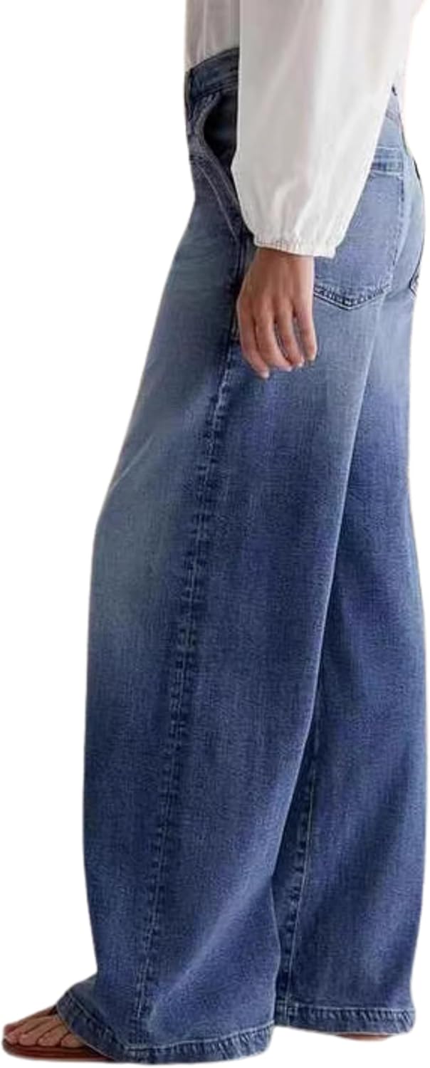 Women's High Waisted Wide Leg Jeans Star Embroidery Pocket Relaxed Fit Straight Leg Denim Pants Vintage Washed Baggy Trousers