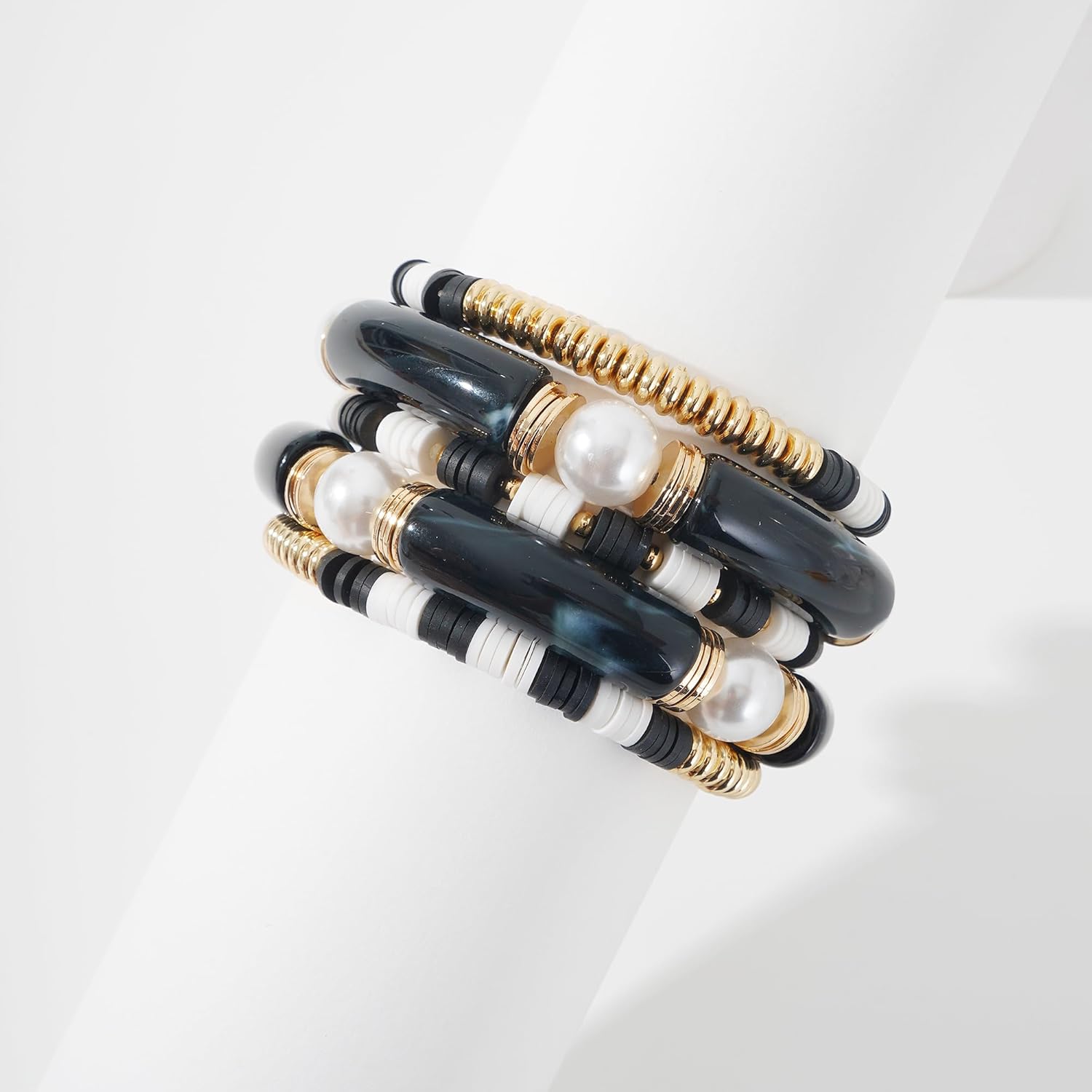 GOOJIDS Simple Beaded Gold Plated Bangles Bracelet Chunky Bamboo Tube Curved Stacking Clear Acrylic Colorful Beads Stretchable Gold Plated Bracelets Set For Women - Image 2