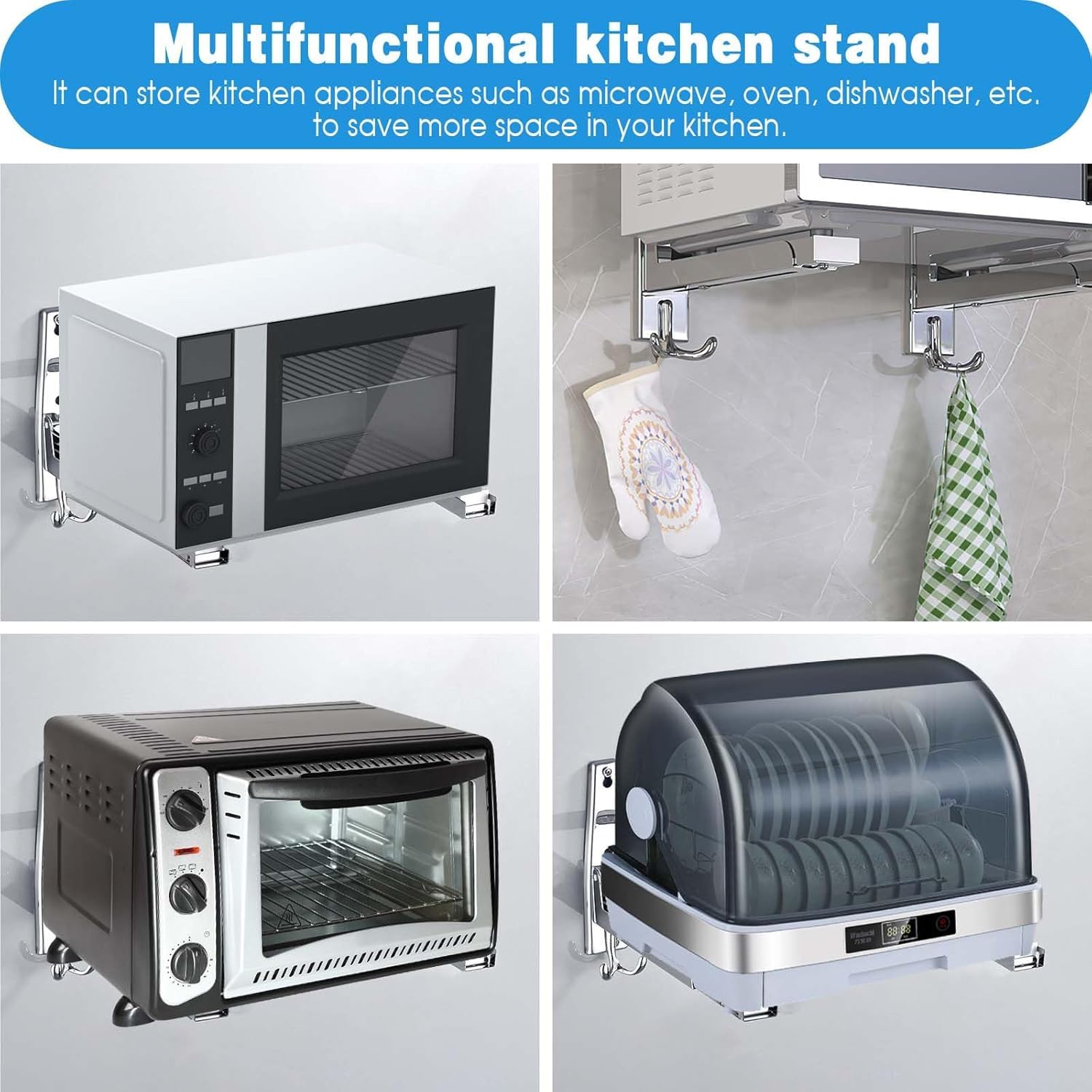 2 Microwave Wall Bracket, Universal Microwave Bracket Folding Shelf Bracket for Microwave Stainless Steel Wall Microwave Frame with Mounting Accessories Silver — view 7