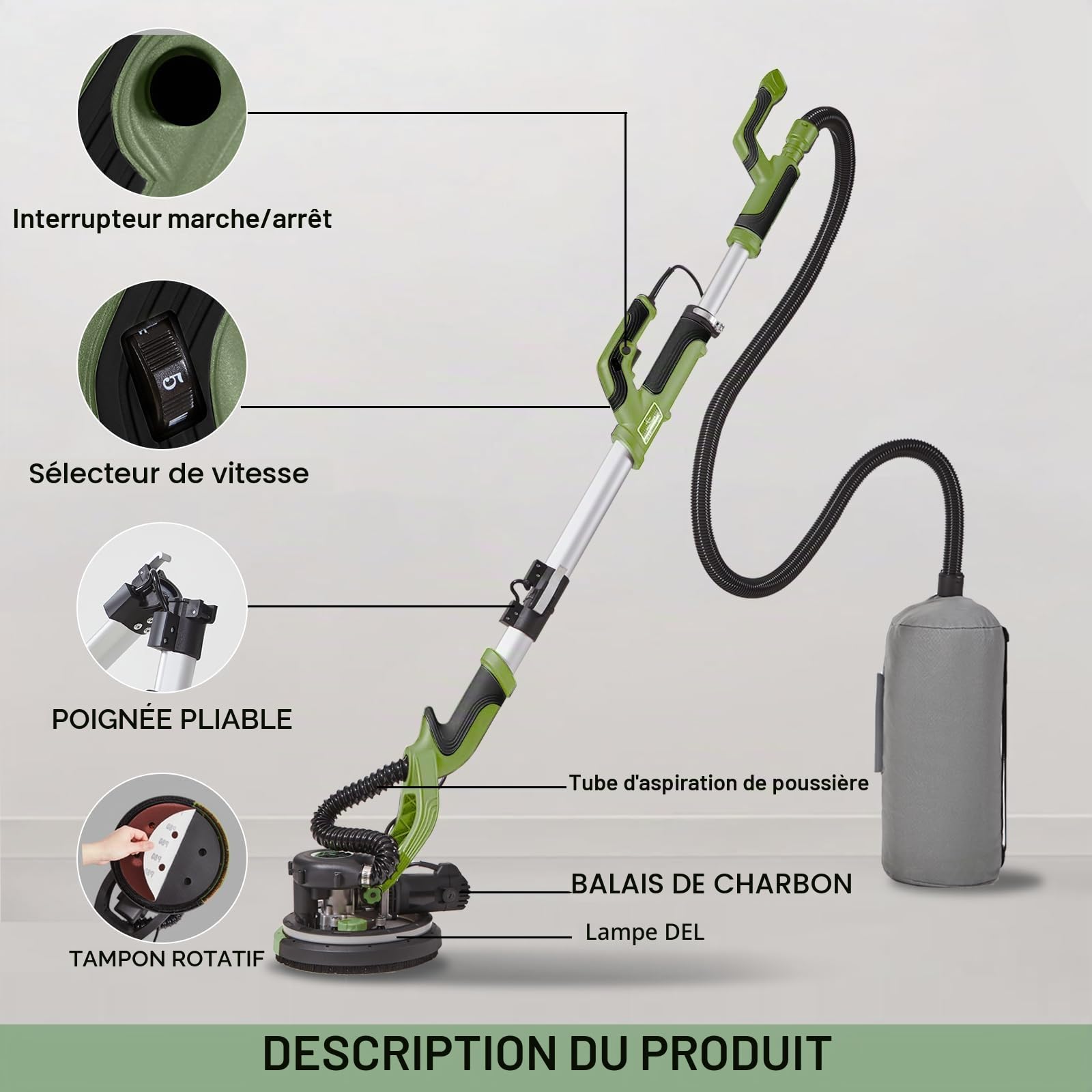 Ponceuse pour cloisons sèches, ponceuse murale 750 W avec système de vide automatique et girafe de ponçage Ø 214 mm avec sac d'aspiration, lumière LED, boîte de vitesses à 7 vitesses, meuleuse de
