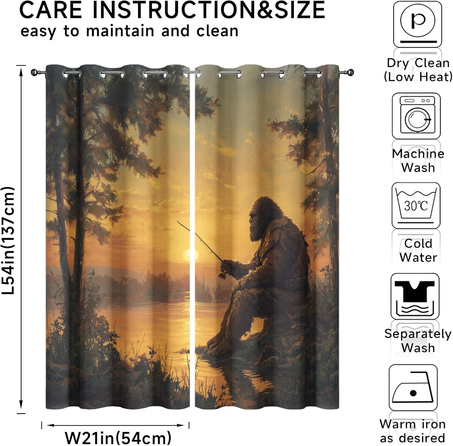 Sasquatch Blackout Curtains 39 Inches Long, Bigfoot Hunting Fishing Curtains for Kitchen Windows, Forest Sunset Drapes, Grommet Window Curtain 27.5 x 39 Inch