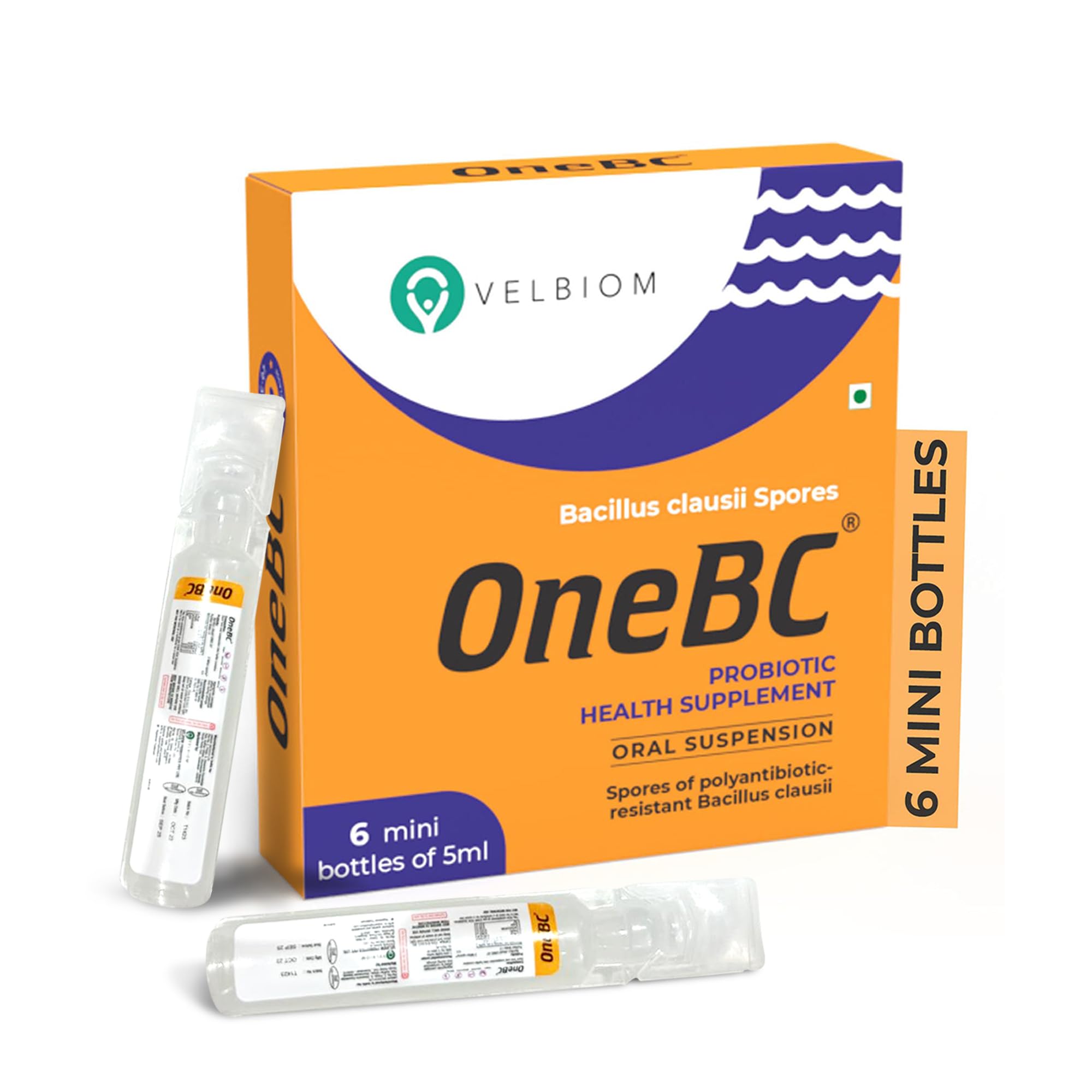 VELBIOMOne Bc Probiotic Supplement to Alleviate Diarrhea Probiotics for Men and Women Oral Probiotics for Good Health Vegan Clinically Proven - 6 X 5Ml Mini Bottles