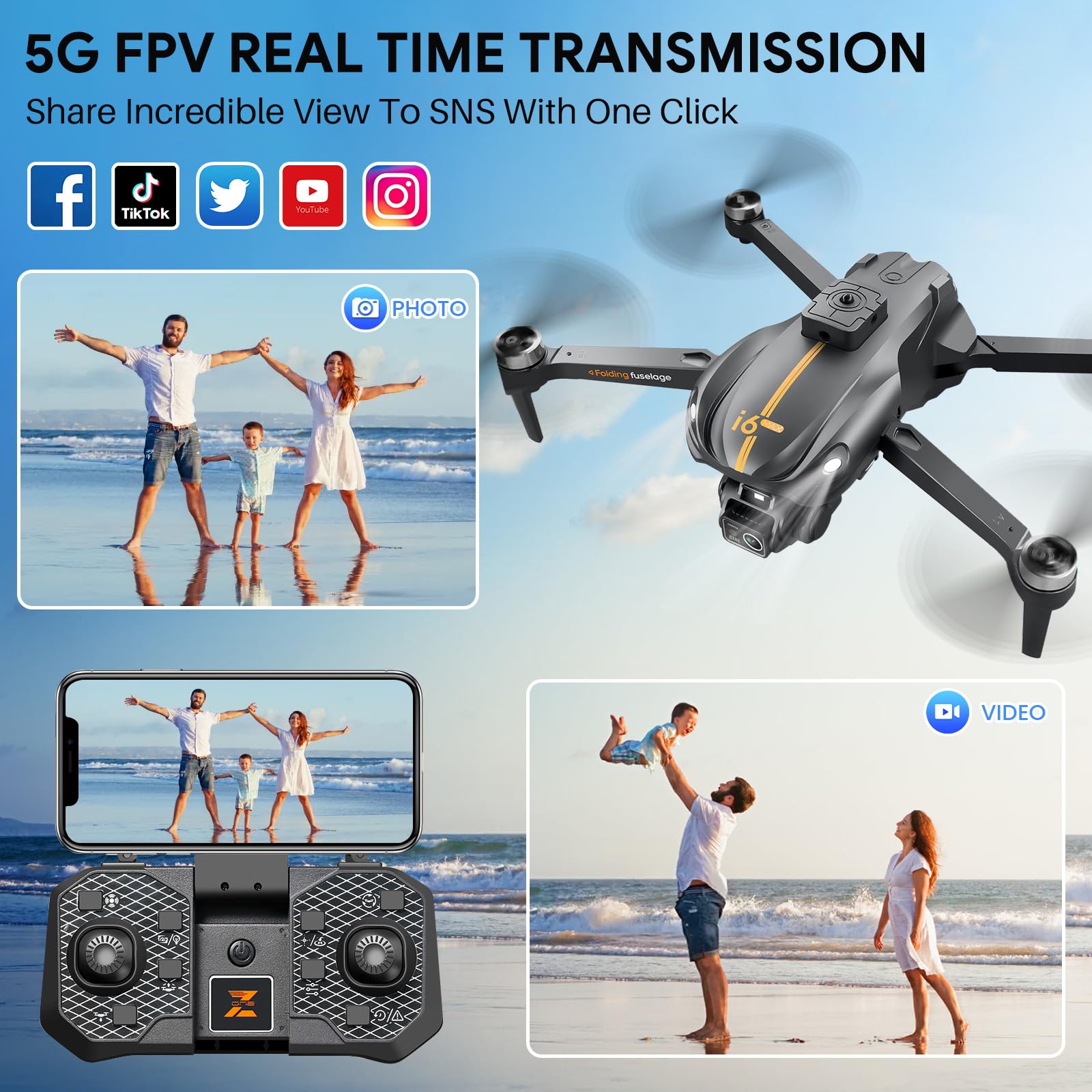 Mingfuxin Drone Con Telecamera Per Principianti, 5G Wifi FPV Droni Pieghevoli RC Quadcopter Con Evitamento Ostacoli, Motore Brushless, Avvio/Spegnimento Con Un Tasto, Capovolgimenti A 360°