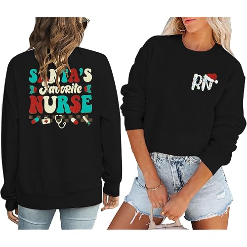 LUKYCILD Santa's Favorite Nurse Sweatshirt Christmas Sweatshirts for Women Long Sleeve Nurse Christmas Shirt Xmas Gifts