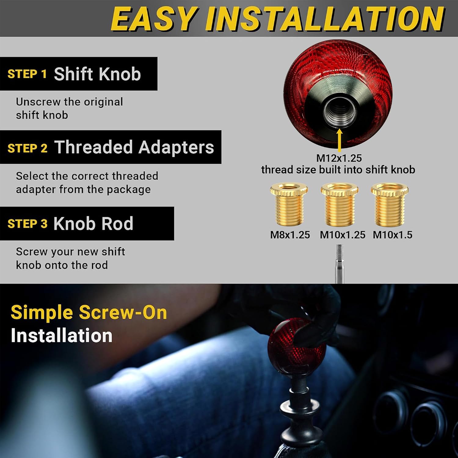 Premium Real Carbon Fiber Red Ball Shift Knob - 3 Metal Threaded Adapters, 4 5 6 Speed Manual & Buttonless Automatic Transmission, Gear Stick Shifter Knobs (M8x1.25, M10x1.25/1.5, Built-In M12x1.25)