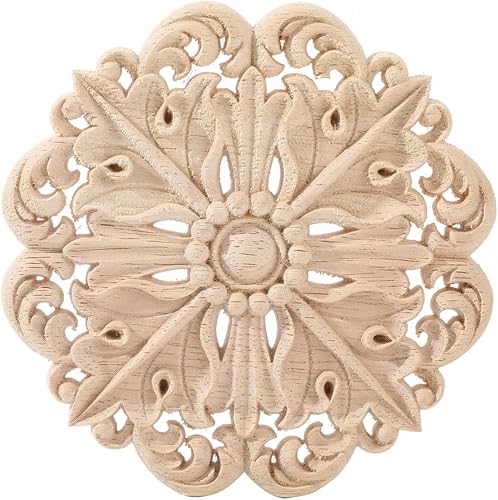 BSYMDH Apliques redondos de madera tallada Onlays tallados apliques de tallado de madera calcomanía de madera a mano para puerta de cama, armario,