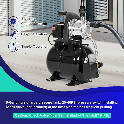 Miniatura 5 de Bomba de pozo poco profundo de 1.6HP 1320GPH 115V con tanque de presión, bomba de chorro de riego automática de acero inoxidable para el hogar,