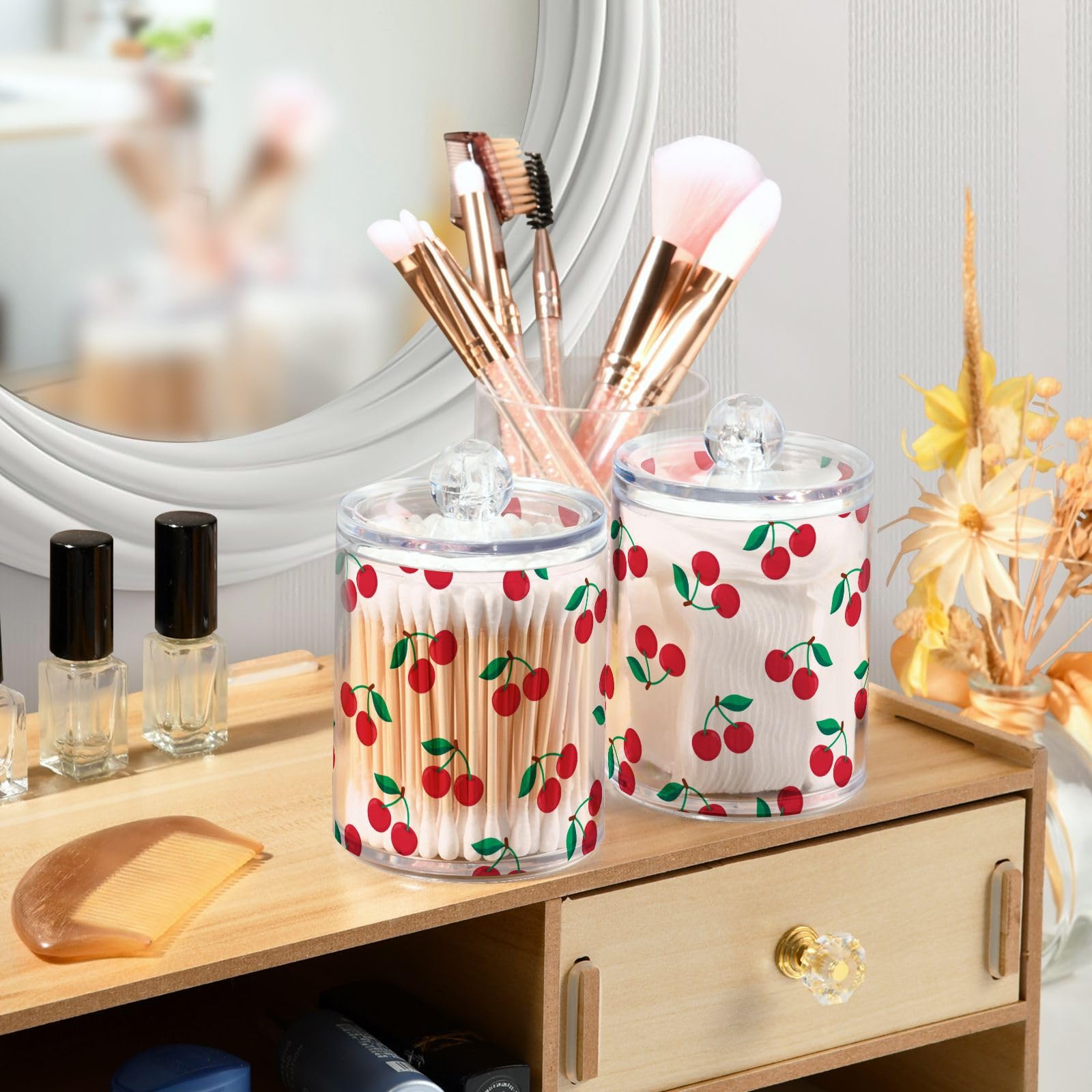Cherry Print - Dispensador de 2 soportes para hisopos de algodón, bolas de algodón, almohadillas, hilo dental, juego de tarros de boticario de plástico de 10 onzas con tapa, organizador de