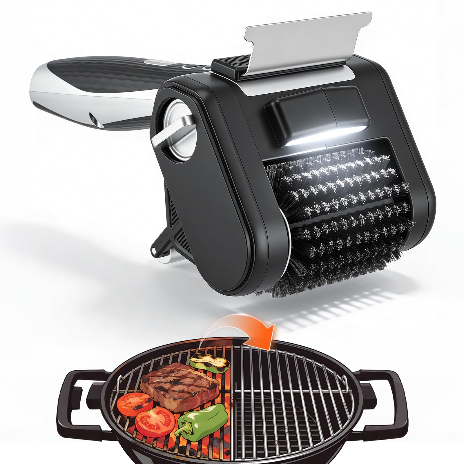 Normodic Black Electric Grill Brush, Cordless Bbq Cleaning Brush With Led Light, 450 Rpm Stainless Steel Bristles, 4000Mah Rechargeable & Waterproof Bbq Grill Cleaner Tool For Barbecue Grate,Outdoor,200 Mins Runtime