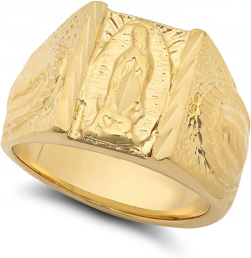 Large 15mm 14k Yellow Gold Plated Guadalupe Virgin Mary Triptych Ring + Microfiber Cloth