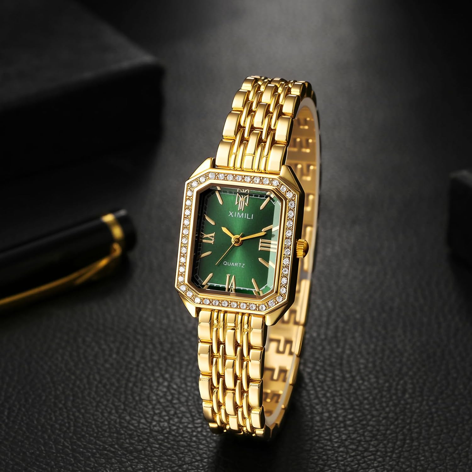 Lancardo Elegant Square Quartz Watch: Womens Bling Gold Tone Case Green Dial Removable Stainless Steel Strap Lady Business Casual Party Dress Wristwatch - Image 6