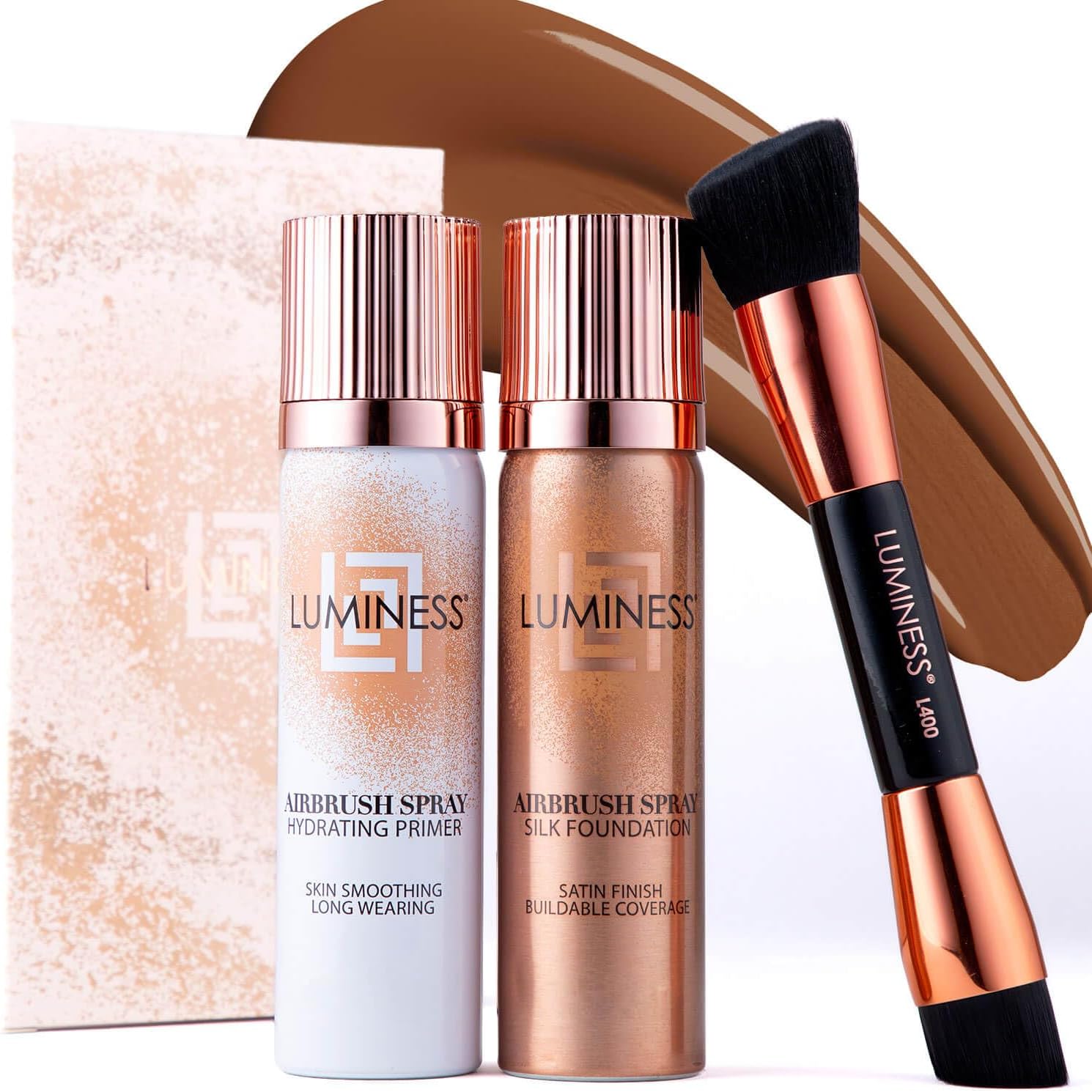 LUMINESS Silk Airbrush Spray Foundation Makeup Starter Kit - Full Coverage Foundation, Primer & Dual-Sided Buffing Brush - Buildable Coverage, Anti-Aging Formula Hydrates & Moisturizes (Shade - Deep)