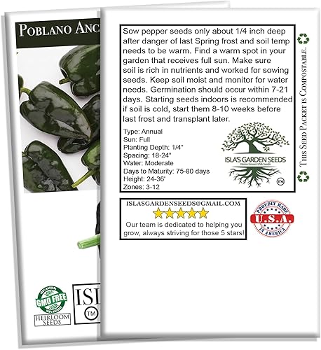Miniatura 6 de Semillas de pimiento Poblano Ancho Grande (Capsicum annuum)  Más de 50 semillas tradicionales sin OMG de Isla's Garden Seeds, sabor suave y ahumado,