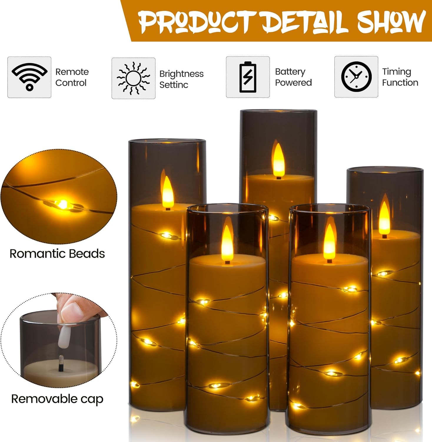 Da by Flameless Candle Light, Battery Candle with recessed String Light, 5 flameless Candles with 11-Key Remote Control, 24-Hour Timer Function, Dancing Flame, (no Battery)