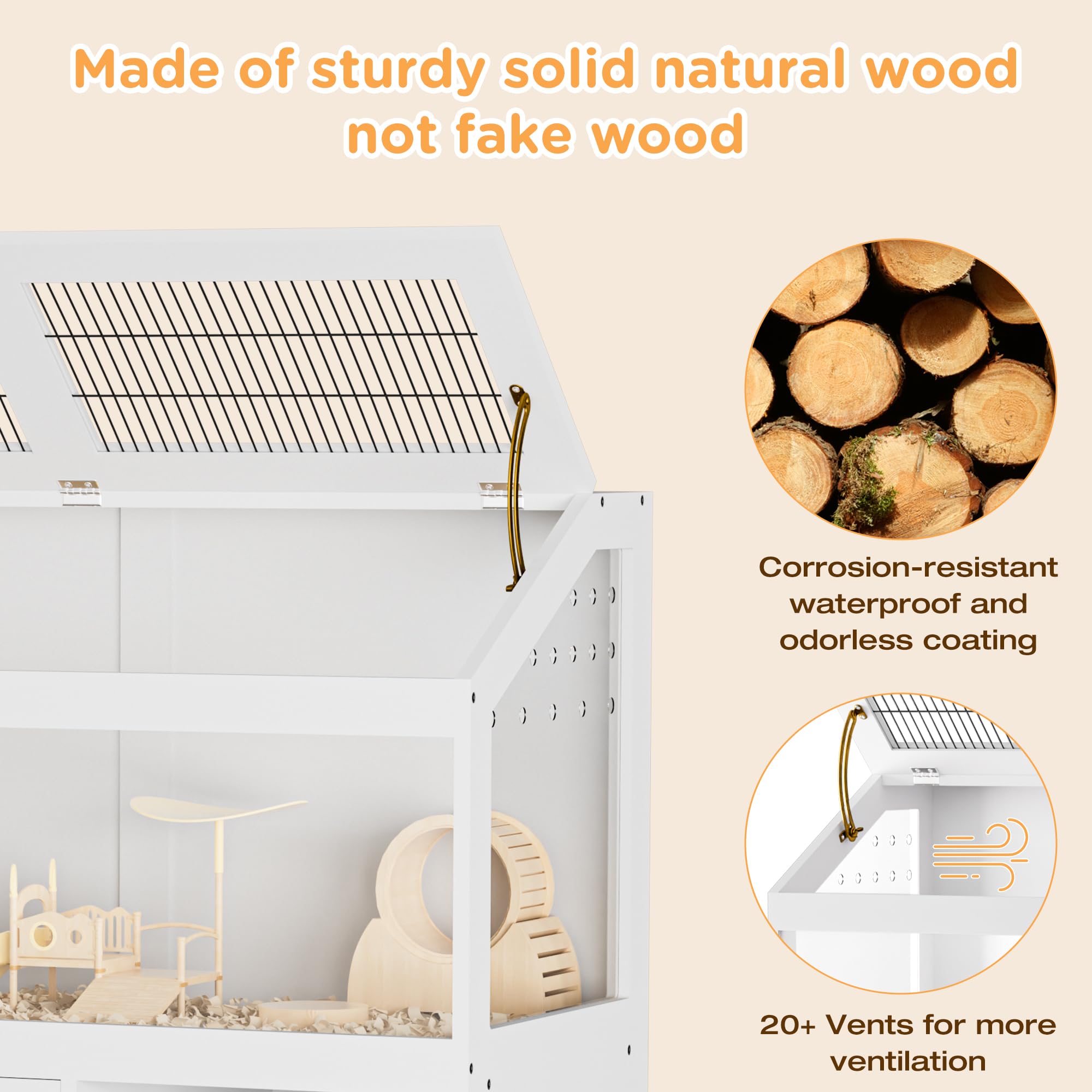 Hamster Cage, Large Hamster Cage with Storage Cabinet, Large Habitat with Easy View Acrylic Panels, Wooden Small Animal Cages for Guinea Pigs, Rabbits, Gerbils, Hedgehogs, White