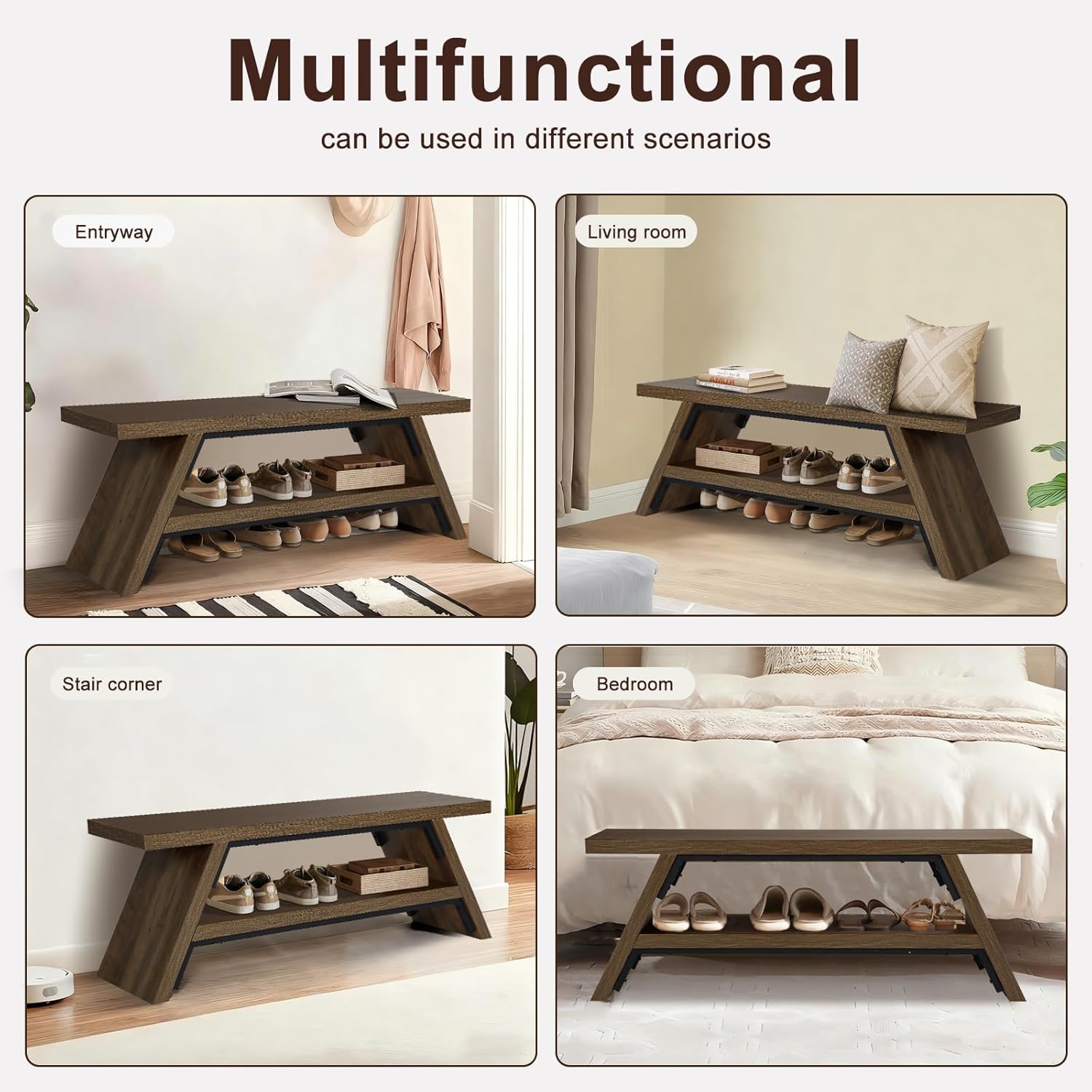 2-Tier Shoe Bench,Entryway Shoe Storage Bench,Modern Narrow Bench for Entryway, Kitchen, Bedroom, Dining（Brown）