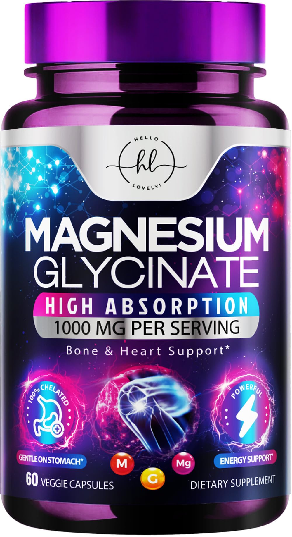 Magnesium Glycinate Supplement - 100% Chelated & Purified - to Support Sleep, Heart Health, Muscles, & Bone Strength - Gentle, High Absorption Magnesium Formula - Vegan, Bottled in USA - 60 Capsules 60 Count (Pack of 1)