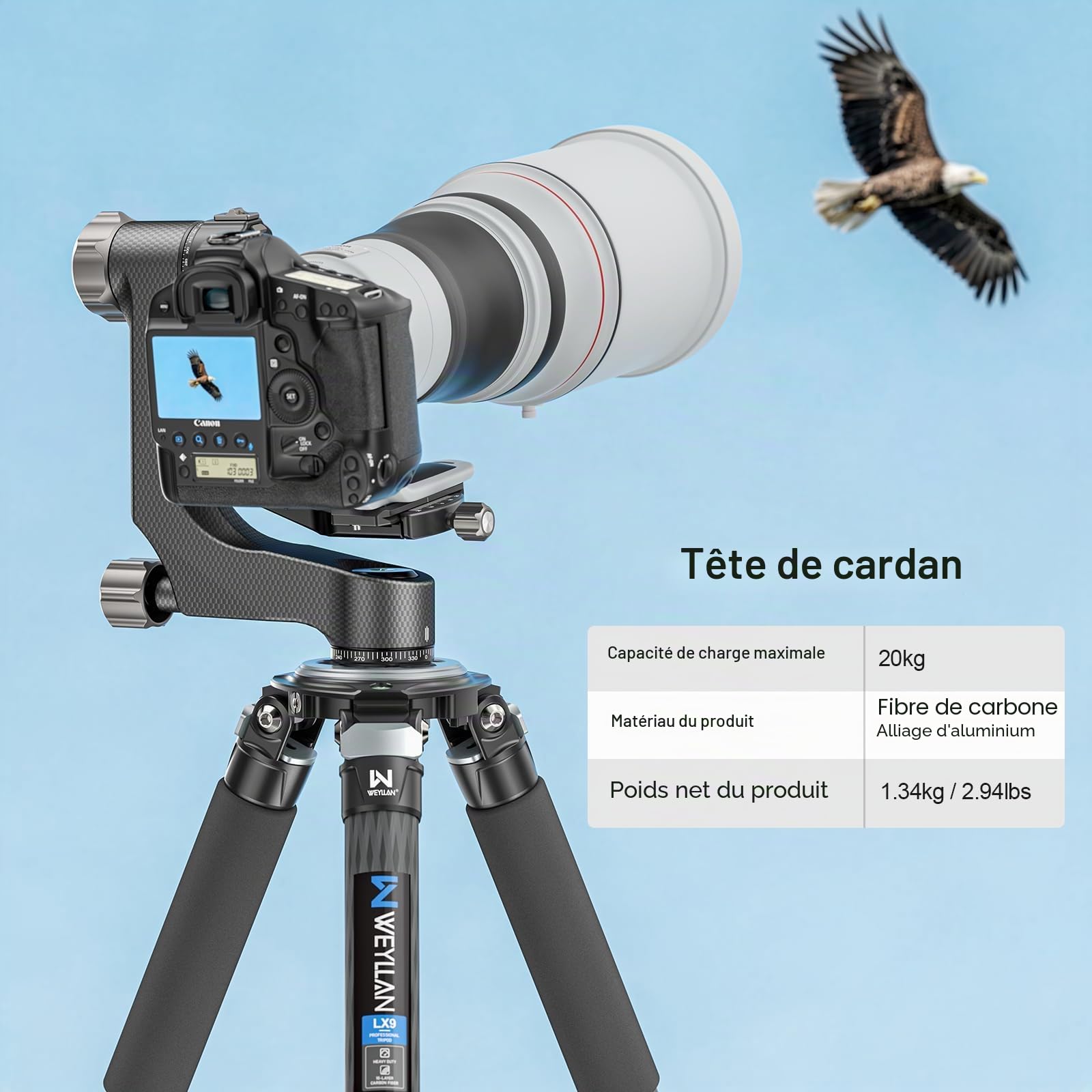 WEYLLAN Tête de Trépied Professionnelle en Fibre de Carbone, Panoramique 360° avec Plaque Dégagement Rapide Arca 1/4'' 3/8'' pour Appareil Photo Reflex Numérique, Charge 20kg