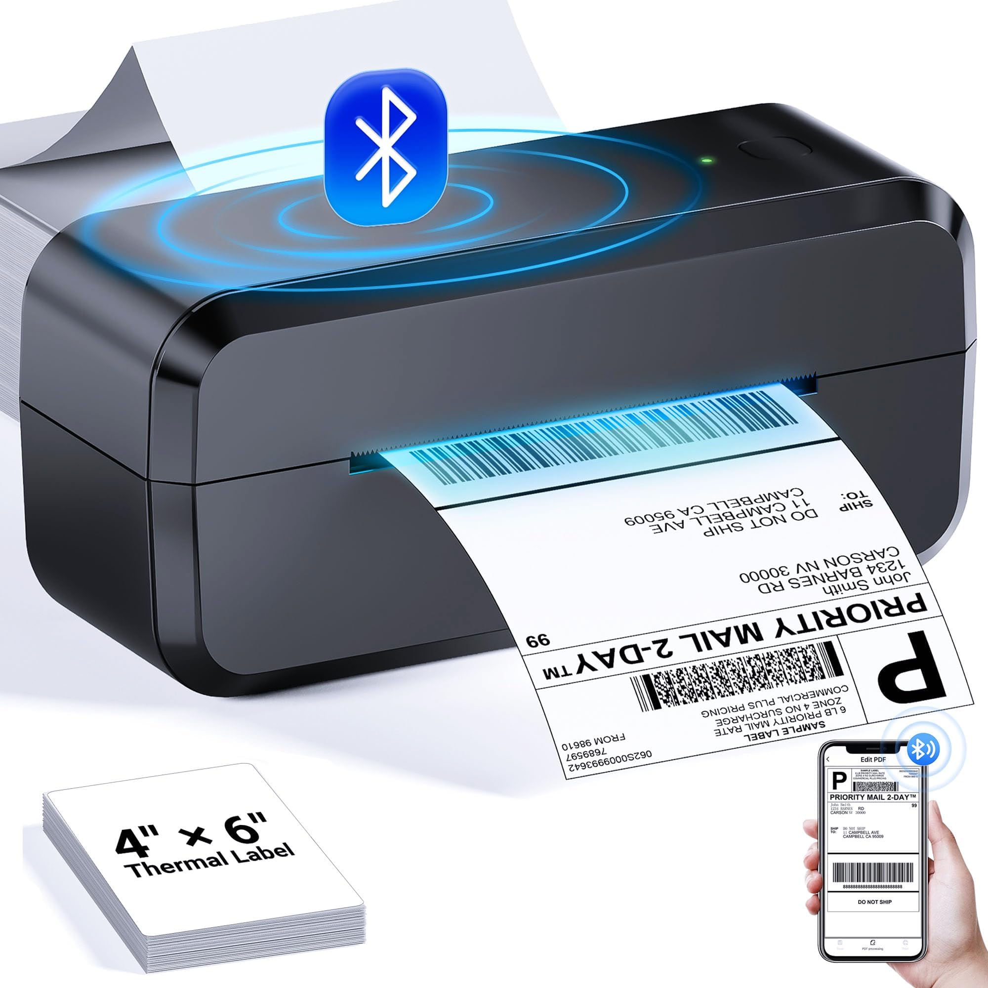 Bluetooth Thermal Shipping Label Printer, Wireless 4x6 Label Printer for Shipping Packages & Small Business, Compatible with Android, IOS, Windows and Mac, Widely Used for Ebay, Amazon, Shopify, Etsy