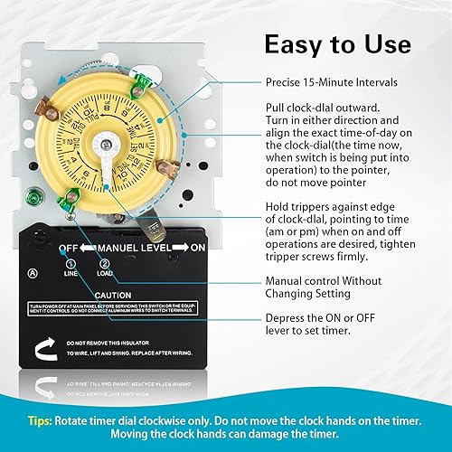 Vista 6 de Mecanismo temporizador de bomba de piscina T101M solamente, 120 V 40 A SPST, 2 HP para bombas de piscina, luces, HVAC, calentadores de agua, 12