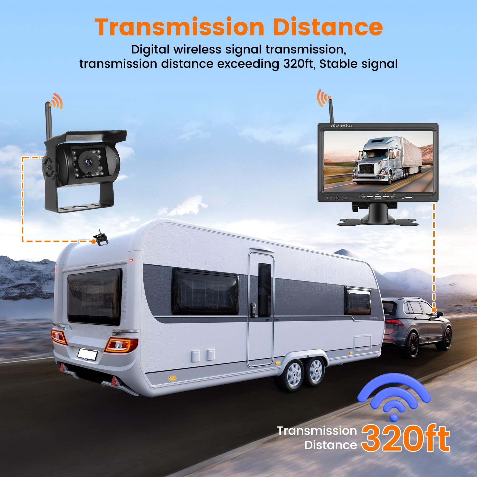 Hikity Visión Nocturna Cámara Marcha Atrás Inalámbrica Monitor de 7 "con Cámara de Visión Trasera Impermeable IP68 Cámara de Marcha, para RV Camión, Autobús, Camiones, Furgonetas