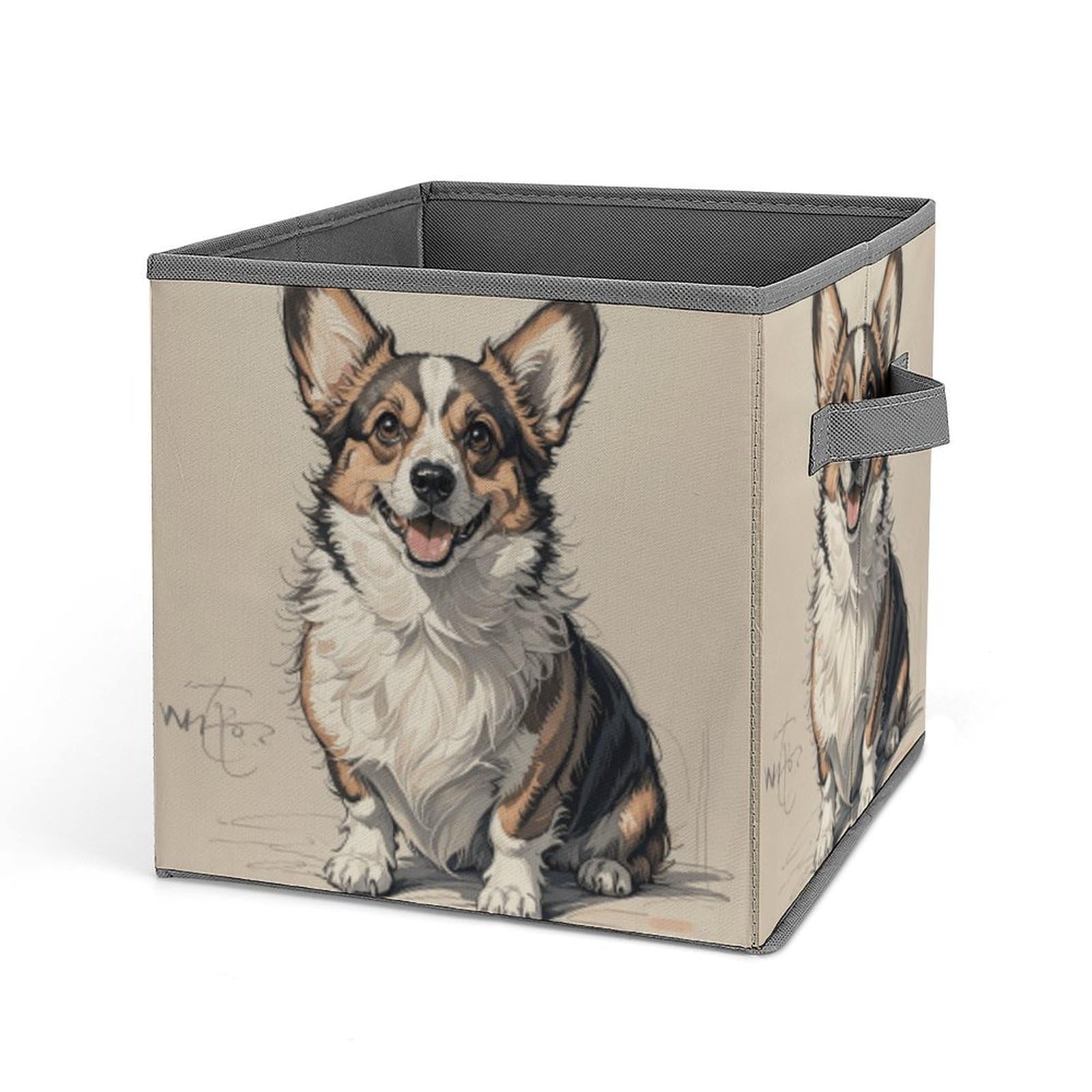 DWVTSLH Hand Drawn Sketch Corgi Cube Storage Bins with Handle, Foldable Storage Cubes, 11 Inch Large Storage Baskets, Washable Fabric Closet Organizer for Shelves, Decorative Clothes Storage Boxes