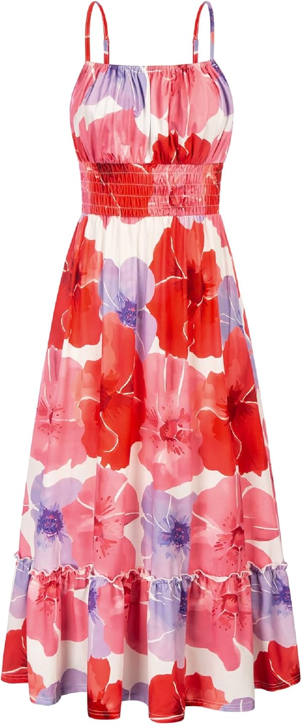 Women's Floral Summer Dress 2025 Spaghetti Strap Sleeveless Ruffle Hem Flowy Boho Maxi Dresses Red Floral S