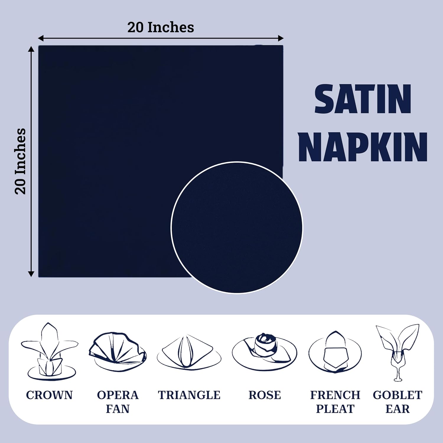 MDS Pack of 150 Satin Napkins 20 x 20 Inch Square Dining Table Napkins Soft Silky Sateen Dinner Cloth Napkin Handkerchief for Wedding Party Banquet Home Restaurant Bistro Decoration - Navy Blue