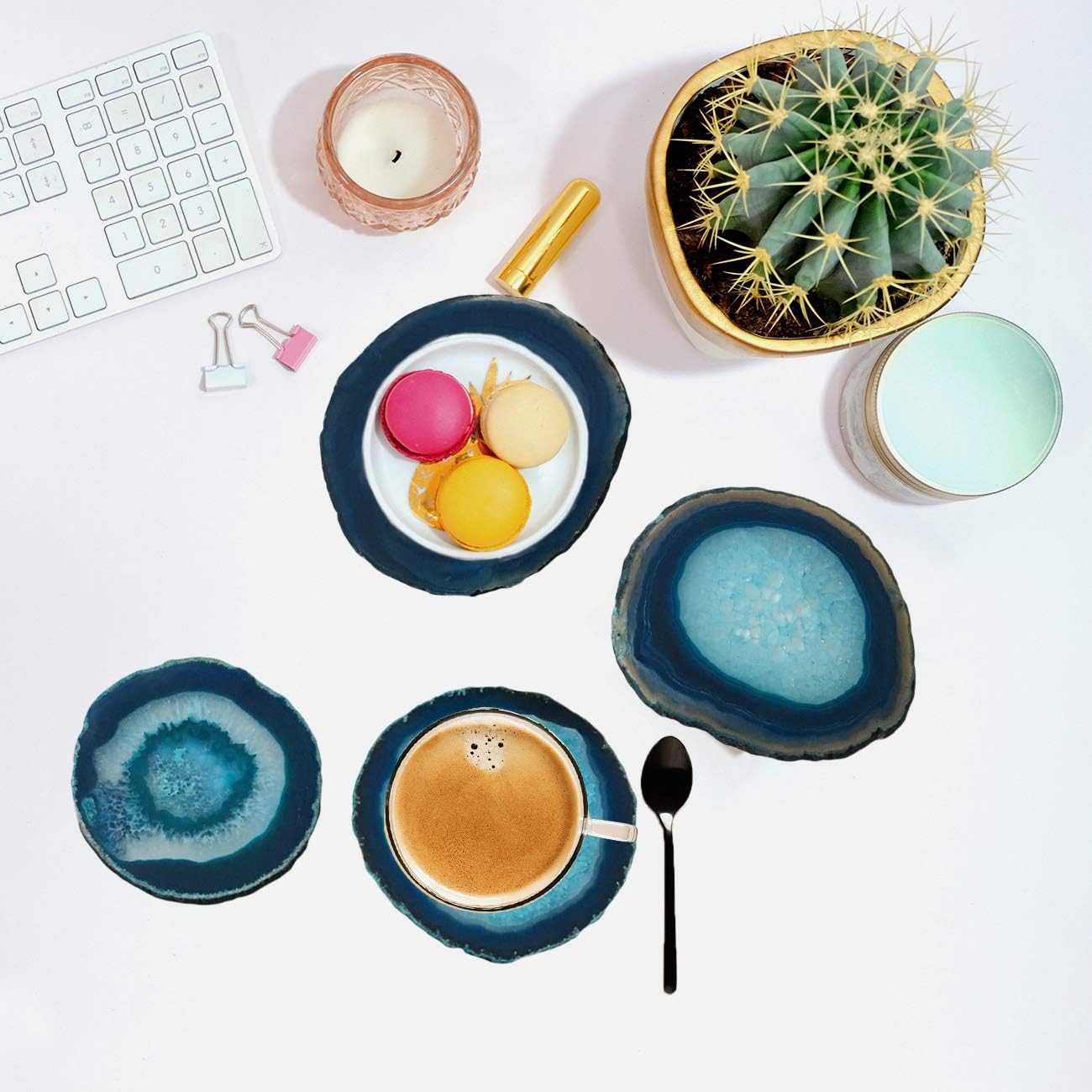 Best Cyber Monday 🔥 AMOYSTONE 4Pcs Aqua/Teal Agate Sliced Coasters Dyed 3-3.5 Samll Stone Drinks Cup Mat Small with Clear Rubber Bumpers
