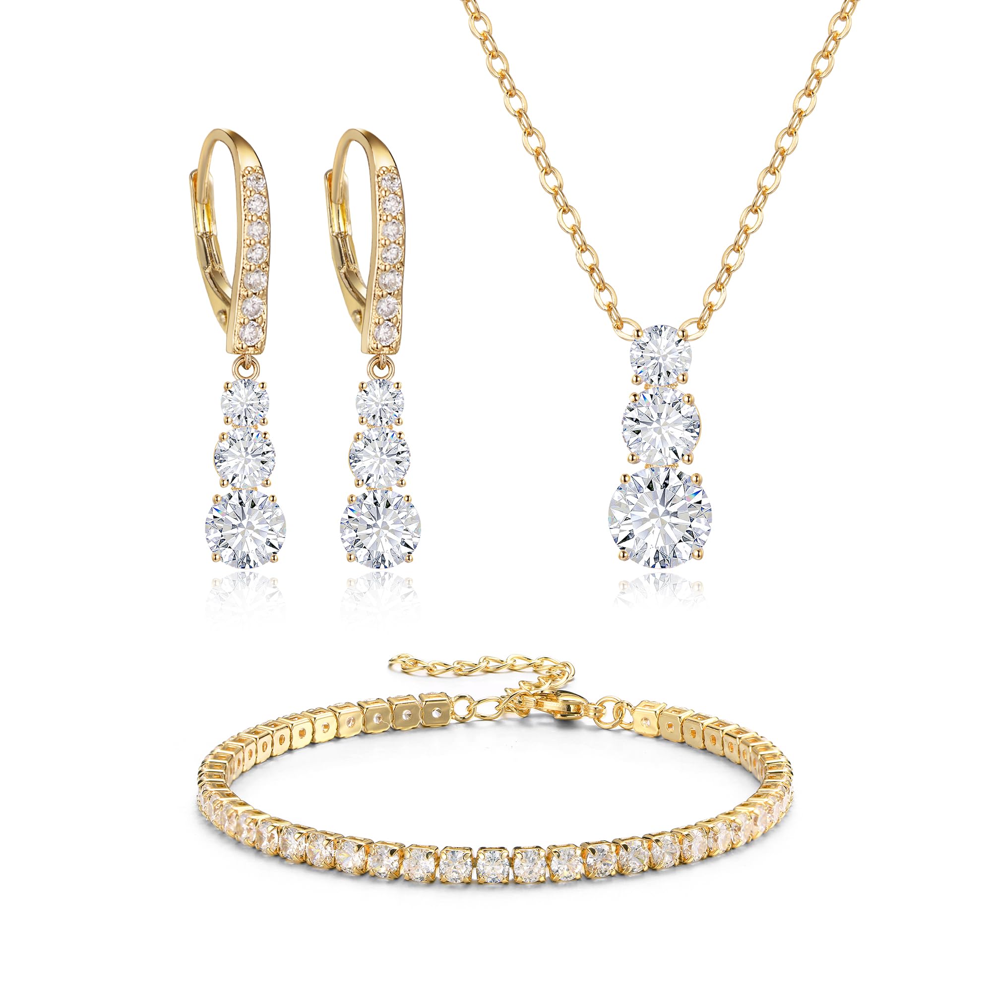 Crysdue Cubic Zirconia Jewelry Set for Women Bridesmaid, Classic Round Cut Drop Lightweight Lever Back Earrings Pendant Necklace Tennis Bracelet for